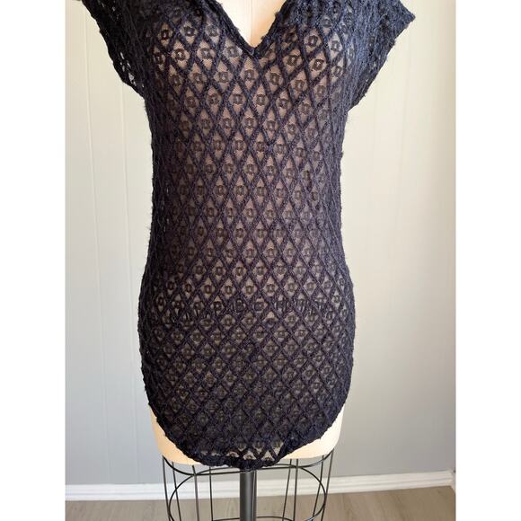 Vintage Y2K Black Sheer Stretchy Hoodie Top Medium Whimsigoth Mesh Gauzy Witchy - Picture 4 of 16